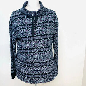 Womans Top Shirt Medium  Mock Neck Tunic  Purple Print Long Sleeve Pocket Comfy